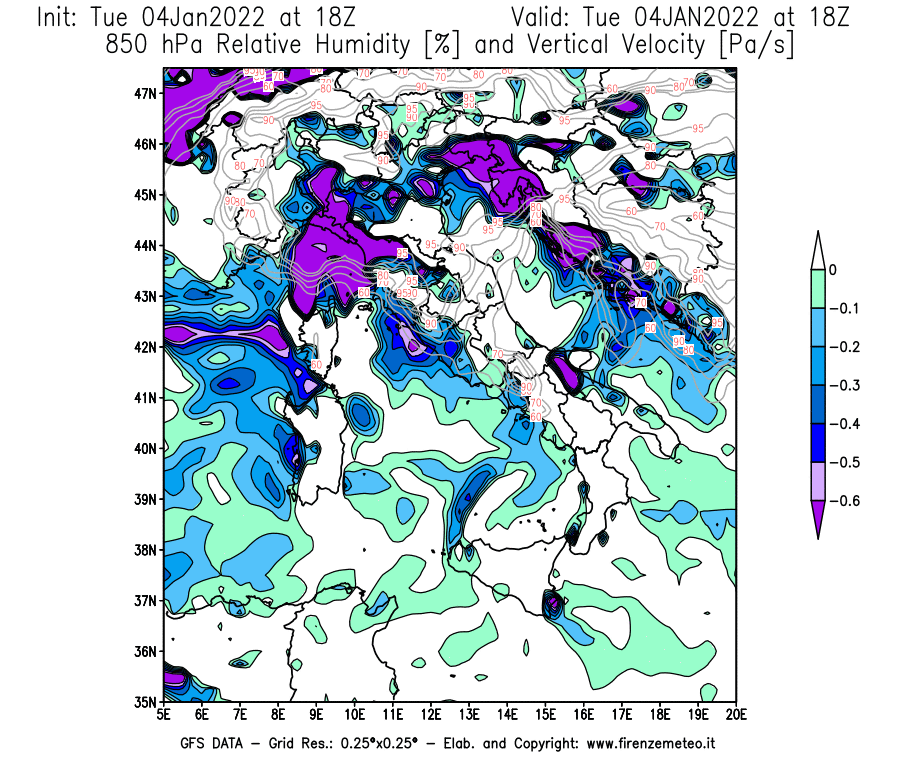 Mappa di analisi GFS - Umidità relativa [%] e Omega [Pa/s] a 850 hPa in Italia
							del 04/01/2022 18 <!--googleoff: index-->UTC<!--googleon: index-->