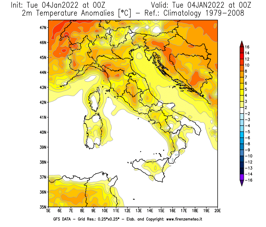 Mappa di analisi GFS - Anomalia Temperatura [°C] a 2 m in Italia
							del 04/01/2022 00 <!--googleoff: index-->UTC<!--googleon: index-->