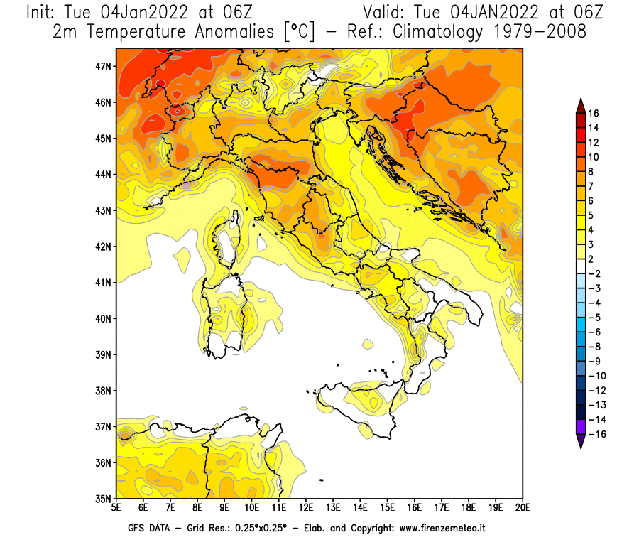 Mappa di analisi GFS - Anomalia Temperatura [°C] a 2 m in Italia
							del 04/01/2022 06 <!--googleoff: index-->UTC<!--googleon: index-->