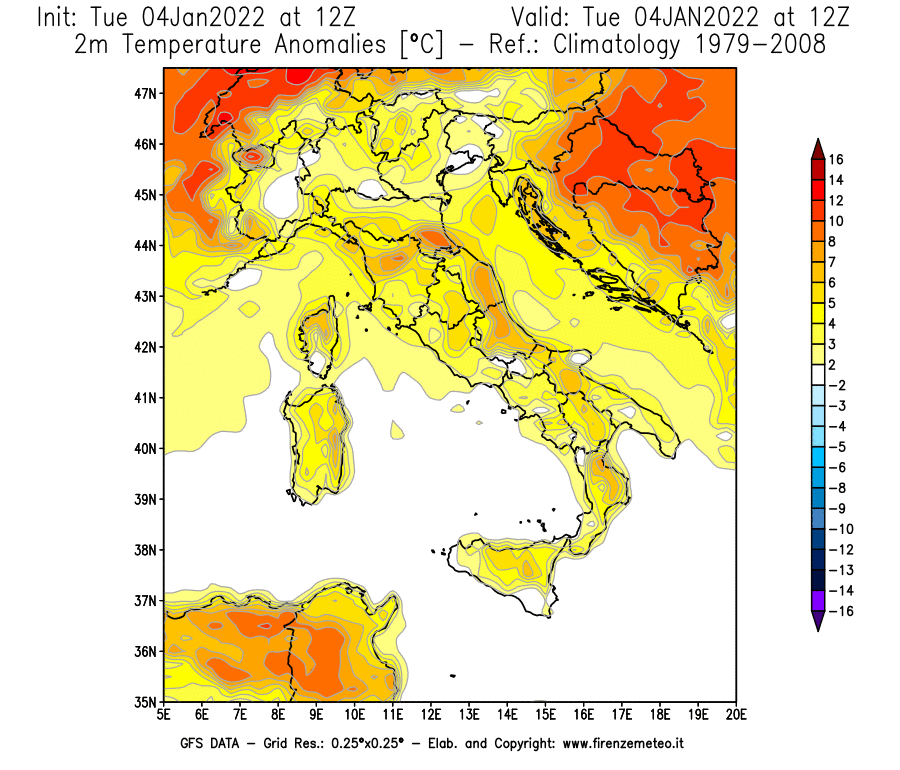 Mappa di analisi GFS - Anomalia Temperatura [°C] a 2 m in Italia
							del 04/01/2022 12 <!--googleoff: index-->UTC<!--googleon: index-->