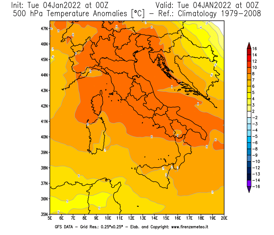 Mappa di analisi GFS - Anomalia Temperatura [°C] a 500 hPa in Italia
							del 04/01/2022 00 <!--googleoff: index-->UTC<!--googleon: index-->