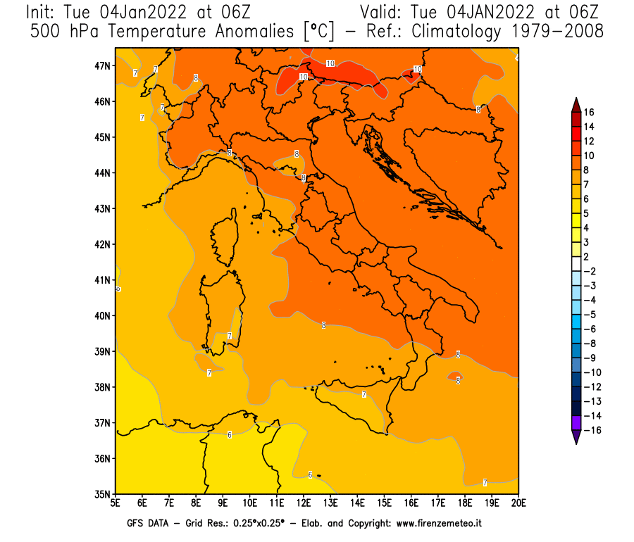 Mappa di analisi GFS - Anomalia Temperatura [°C] a 500 hPa in Italia
							del 04/01/2022 06 <!--googleoff: index-->UTC<!--googleon: index-->