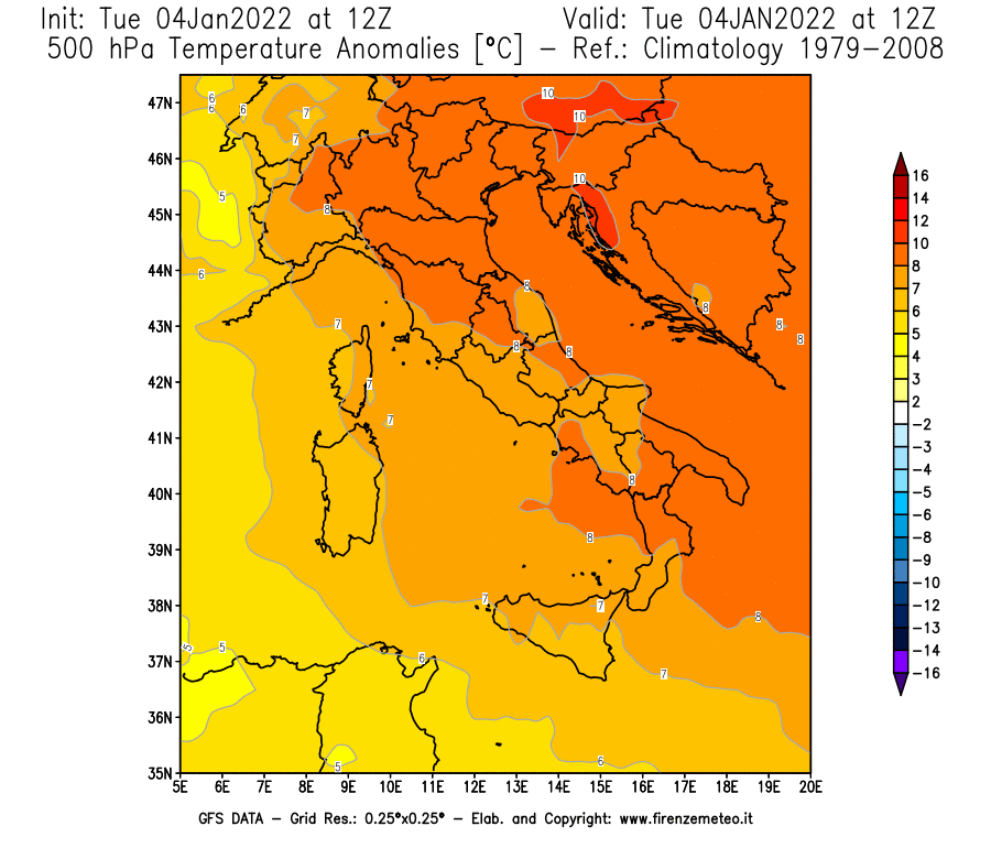 Mappa di analisi GFS - Anomalia Temperatura [°C] a 500 hPa in Italia
							del 04/01/2022 12 <!--googleoff: index-->UTC<!--googleon: index-->