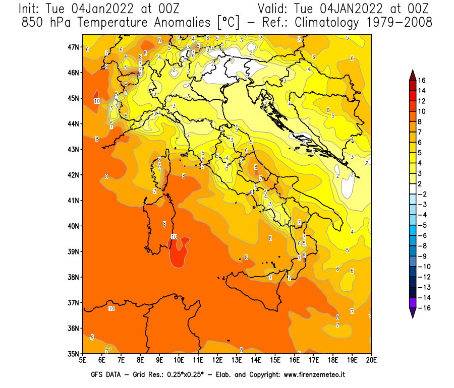 Mappa di analisi GFS - Anomalia Temperatura [°C] a 850 hPa in Italia
							del 04/01/2022 00 <!--googleoff: index-->UTC<!--googleon: index-->