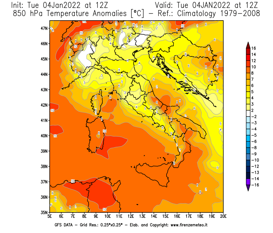 Mappa di analisi GFS - Anomalia Temperatura [°C] a 850 hPa in Italia
							del 04/01/2022 12 <!--googleoff: index-->UTC<!--googleon: index-->