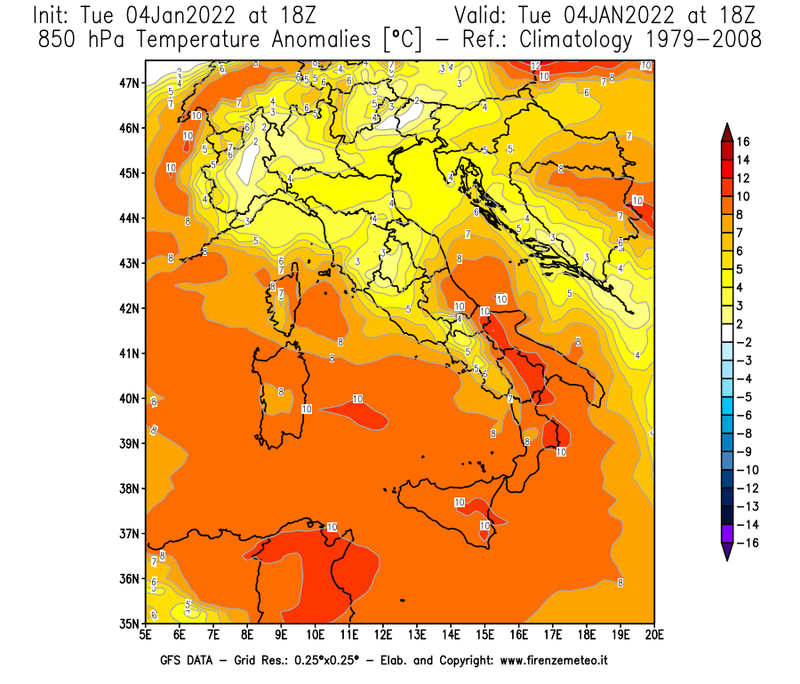 Mappa di analisi GFS - Anomalia Temperatura [°C] a 850 hPa in Italia
							del 04/01/2022 18 <!--googleoff: index-->UTC<!--googleon: index-->