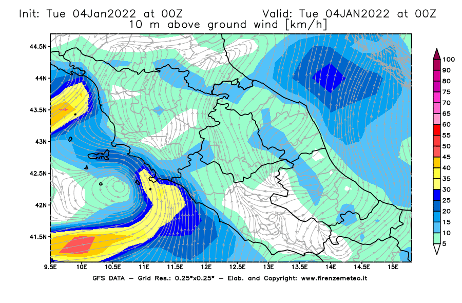 Mappa di analisi GFS - Velocità del vento a 10 metri dal suolo [km/h] in Centro-Italia
							del 04/01/2022 00 <!--googleoff: index-->UTC<!--googleon: index-->