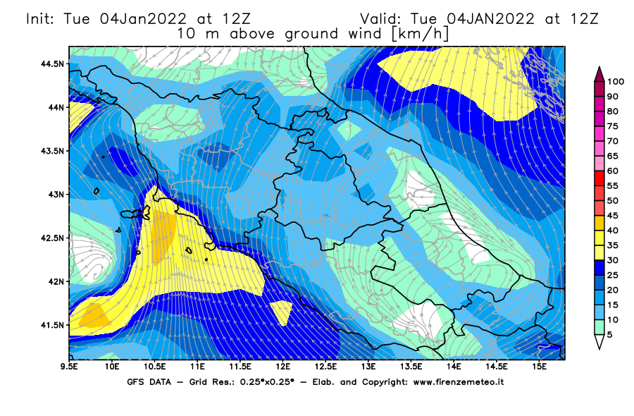 Mappa di analisi GFS - Velocità del vento a 10 metri dal suolo [km/h] in Centro-Italia
							del 04/01/2022 12 <!--googleoff: index-->UTC<!--googleon: index-->
