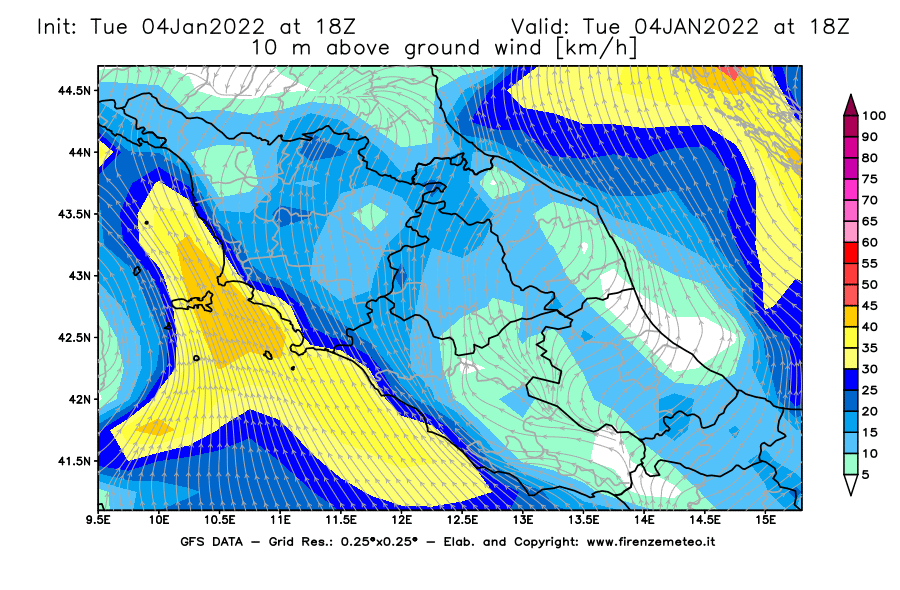 Mappa di analisi GFS - Velocità del vento a 10 metri dal suolo [km/h] in Centro-Italia
							del 04/01/2022 18 <!--googleoff: index-->UTC<!--googleon: index-->