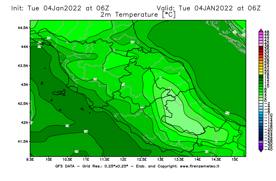 Mappa di analisi GFS - Temperatura a 2 metri dal suolo [°C] in Centro-Italia
							del 04/01/2022 06 <!--googleoff: index-->UTC<!--googleon: index-->