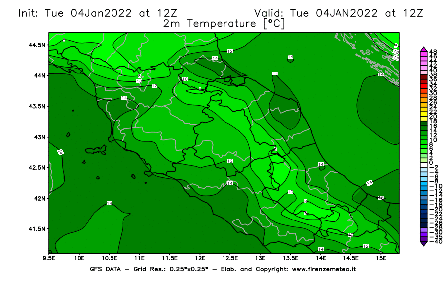 Mappa di analisi GFS - Temperatura a 2 metri dal suolo [°C] in Centro-Italia
							del 04/01/2022 12 <!--googleoff: index-->UTC<!--googleon: index-->