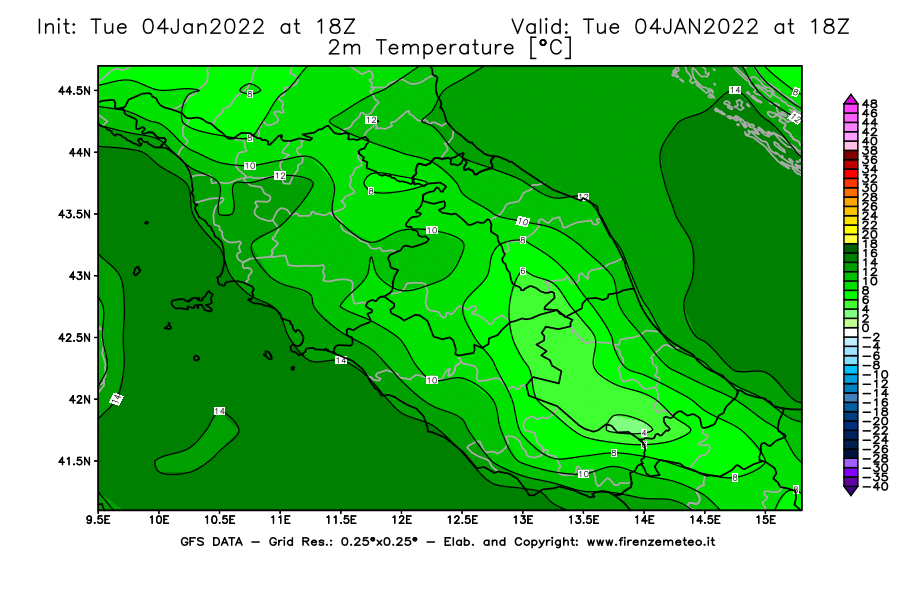 Mappa di analisi GFS - Temperatura a 2 metri dal suolo [°C] in Centro-Italia
							del 04/01/2022 18 <!--googleoff: index-->UTC<!--googleon: index-->