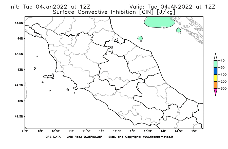 Mappa di analisi GFS - CIN [J/kg] in Centro-Italia
							del 04/01/2022 12 <!--googleoff: index-->UTC<!--googleon: index-->