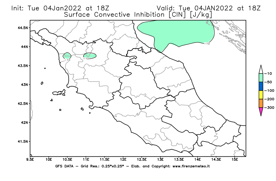 Mappa di analisi GFS - CIN [J/kg] in Centro-Italia
							del 04/01/2022 18 <!--googleoff: index-->UTC<!--googleon: index-->