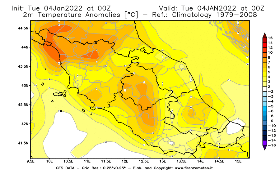 Mappa di analisi GFS - Anomalia Temperatura [°C] a 2 m in Centro-Italia
							del 04/01/2022 00 <!--googleoff: index-->UTC<!--googleon: index-->
