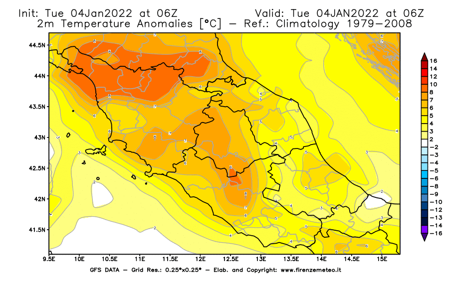 Mappa di analisi GFS - Anomalia Temperatura [°C] a 2 m in Centro-Italia
							del 04/01/2022 06 <!--googleoff: index-->UTC<!--googleon: index-->