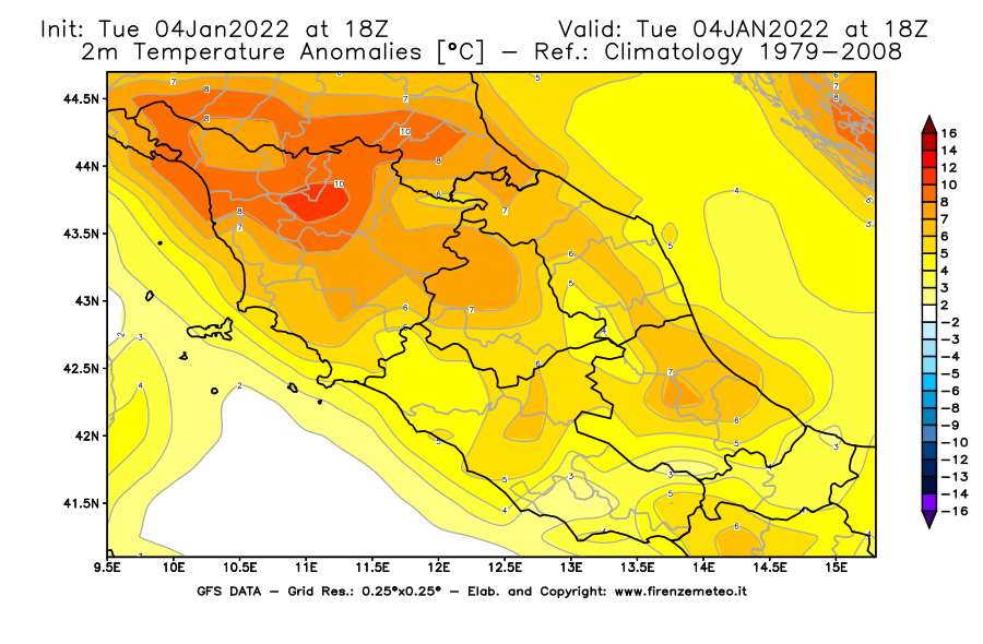 Mappa di analisi GFS - Anomalia Temperatura [°C] a 2 m in Centro-Italia
							del 04/01/2022 18 <!--googleoff: index-->UTC<!--googleon: index-->