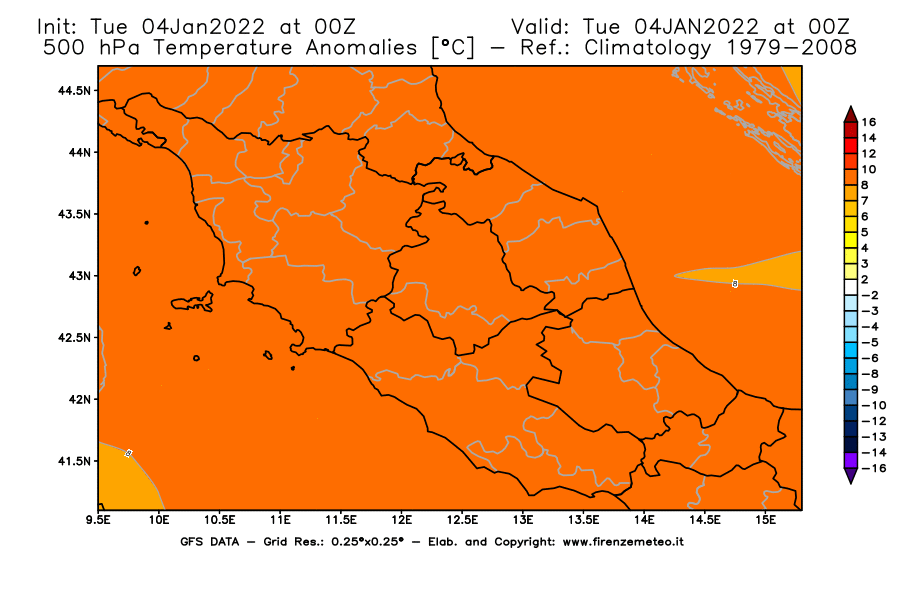 Mappa di analisi GFS - Anomalia Temperatura [°C] a 500 hPa in Centro-Italia
							del 04/01/2022 00 <!--googleoff: index-->UTC<!--googleon: index-->