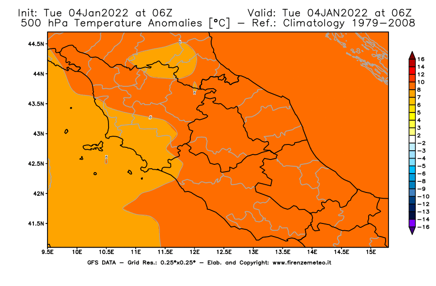 Mappa di analisi GFS - Anomalia Temperatura [°C] a 500 hPa in Centro-Italia
							del 04/01/2022 06 <!--googleoff: index-->UTC<!--googleon: index-->