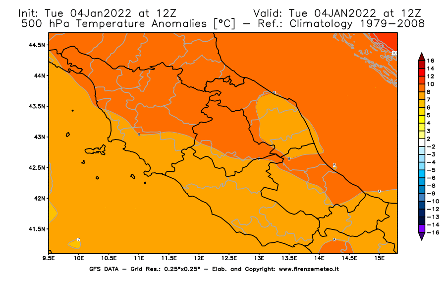Mappa di analisi GFS - Anomalia Temperatura [°C] a 500 hPa in Centro-Italia
							del 04/01/2022 12 <!--googleoff: index-->UTC<!--googleon: index-->
