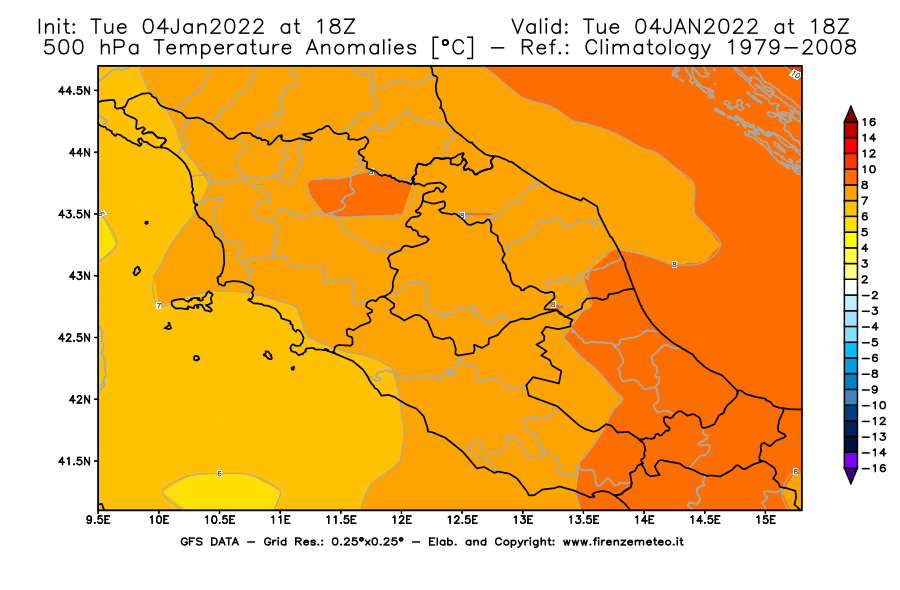 Mappa di analisi GFS - Anomalia Temperatura [°C] a 500 hPa in Centro-Italia
							del 04/01/2022 18 <!--googleoff: index-->UTC<!--googleon: index-->