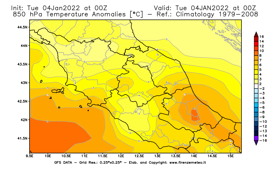 Mappa di analisi GFS - Anomalia Temperatura [°C] a 850 hPa in Centro-Italia
							del 04/01/2022 00 <!--googleoff: index-->UTC<!--googleon: index-->