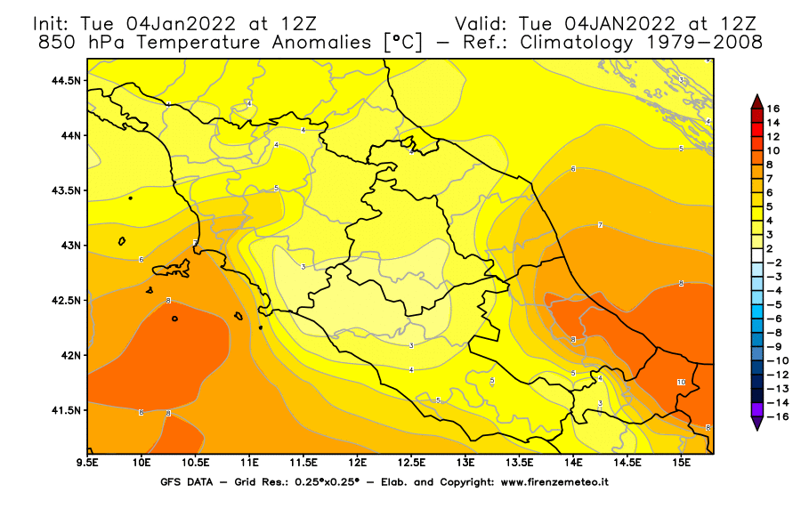 Mappa di analisi GFS - Anomalia Temperatura [°C] a 850 hPa in Centro-Italia
							del 04/01/2022 12 <!--googleoff: index-->UTC<!--googleon: index-->