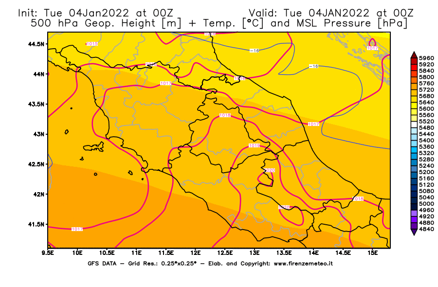 Mappa di analisi GFS - Geopotenziale [m] + Temp. [°C] a 500 hPa + Press. a livello del mare [hPa] in Centro-Italia
							del 04/01/2022 00 <!--googleoff: index-->UTC<!--googleon: index-->