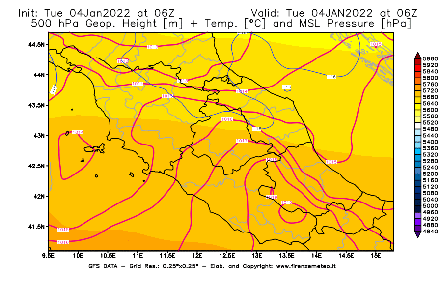 Mappa di analisi GFS - Geopotenziale [m] + Temp. [°C] a 500 hPa + Press. a livello del mare [hPa] in Centro-Italia
							del 04/01/2022 06 <!--googleoff: index-->UTC<!--googleon: index-->