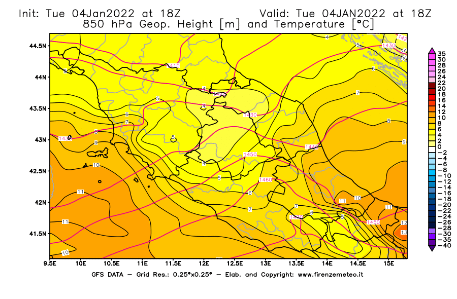 Mappa di analisi GFS - Geopotenziale [m] e Temperatura [°C] a 850 hPa in Centro-Italia
							del 04/01/2022 18 <!--googleoff: index-->UTC<!--googleon: index-->
