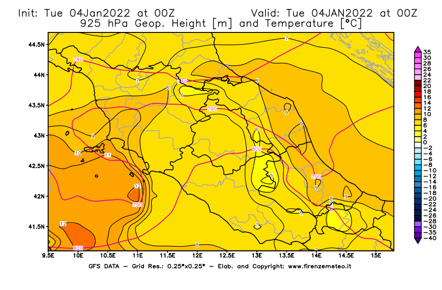 Mappa di analisi GFS - Geopotenziale [m] e Temperatura [°C] a 925 hPa in Centro-Italia
							del 04/01/2022 00 <!--googleoff: index-->UTC<!--googleon: index-->