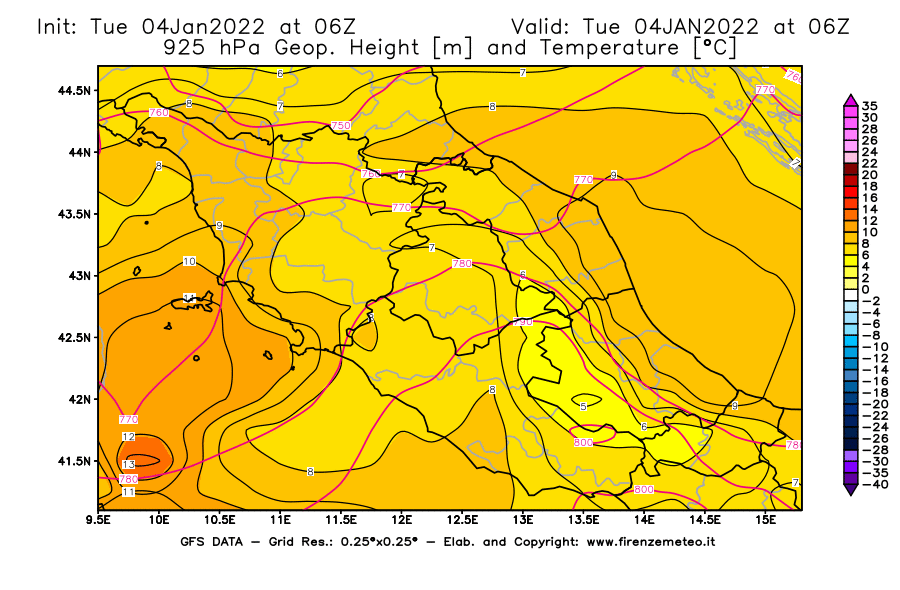 Mappa di analisi GFS - Geopotenziale [m] e Temperatura [°C] a 925 hPa in Centro-Italia
							del 04/01/2022 06 <!--googleoff: index-->UTC<!--googleon: index-->