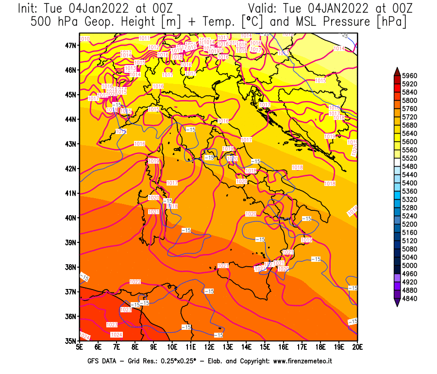 Mappa di analisi GFS - Geopotenziale [m] + Temp. [°C] a 500 hPa + Press. a livello del mare [hPa] in Italia
							del 04/01/2022 00 <!--googleoff: index-->UTC<!--googleon: index-->