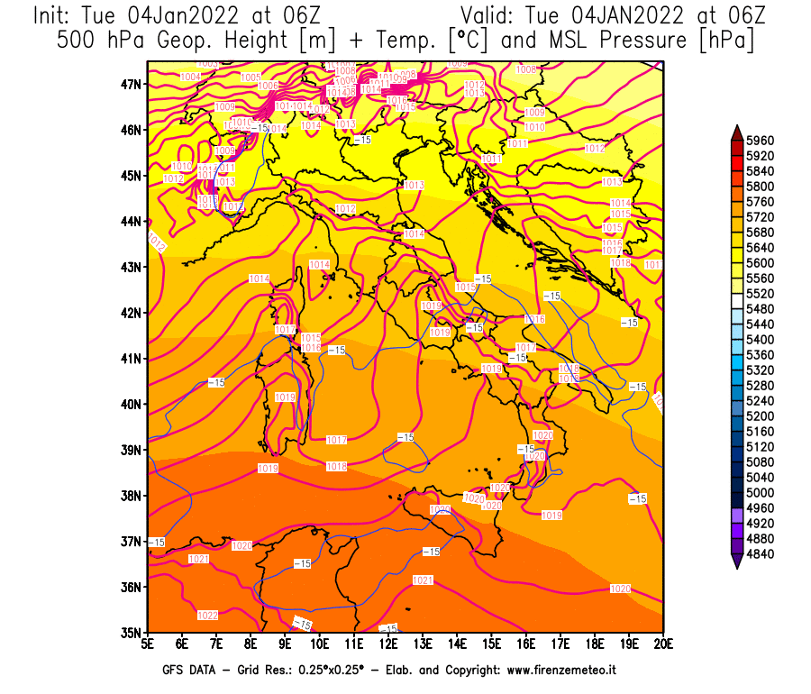 Mappa di analisi GFS - Geopotenziale [m] + Temp. [°C] a 500 hPa + Press. a livello del mare [hPa] in Italia
							del 04/01/2022 06 <!--googleoff: index-->UTC<!--googleon: index-->