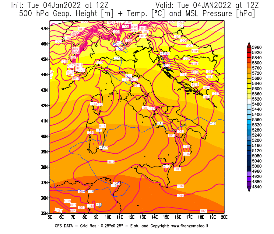 Mappa di analisi GFS - Geopotenziale [m] + Temp. [°C] a 500 hPa + Press. a livello del mare [hPa] in Italia
							del 04/01/2022 12 <!--googleoff: index-->UTC<!--googleon: index-->