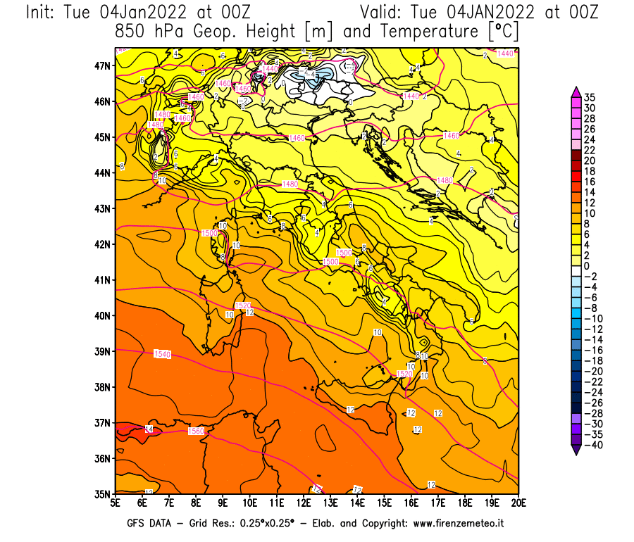 Mappa di analisi GFS - Geopotenziale [m] e Temperatura [°C] a 850 hPa in Italia
							del 04/01/2022 00 <!--googleoff: index-->UTC<!--googleon: index-->