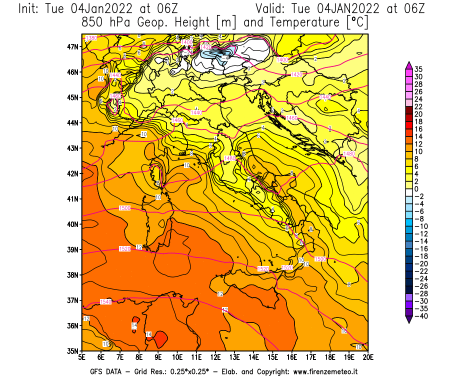 Mappa di analisi GFS - Geopotenziale [m] e Temperatura [°C] a 850 hPa in Italia
							del 04/01/2022 06 <!--googleoff: index-->UTC<!--googleon: index-->