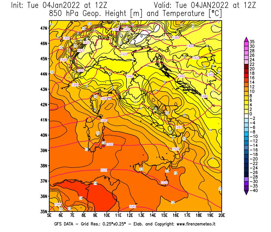Mappa di analisi GFS - Geopotenziale [m] e Temperatura [°C] a 850 hPa in Italia
							del 04/01/2022 12 <!--googleoff: index-->UTC<!--googleon: index-->