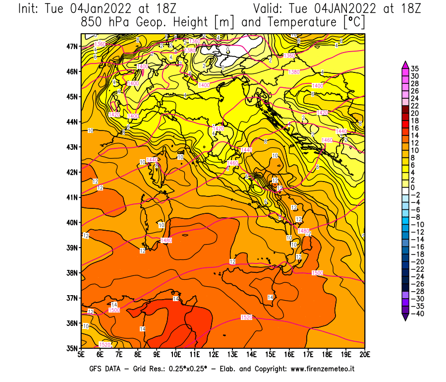 Mappa di analisi GFS - Geopotenziale [m] e Temperatura [°C] a 850 hPa in Italia
							del 04/01/2022 18 <!--googleoff: index-->UTC<!--googleon: index-->