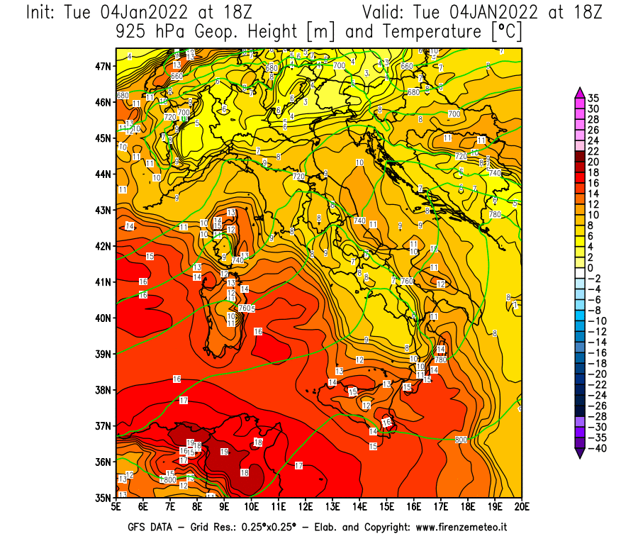 Mappa di analisi GFS - Geopotenziale [m] e Temperatura [°C] a 925 hPa in Italia
							del 04/01/2022 18 <!--googleoff: index-->UTC<!--googleon: index-->