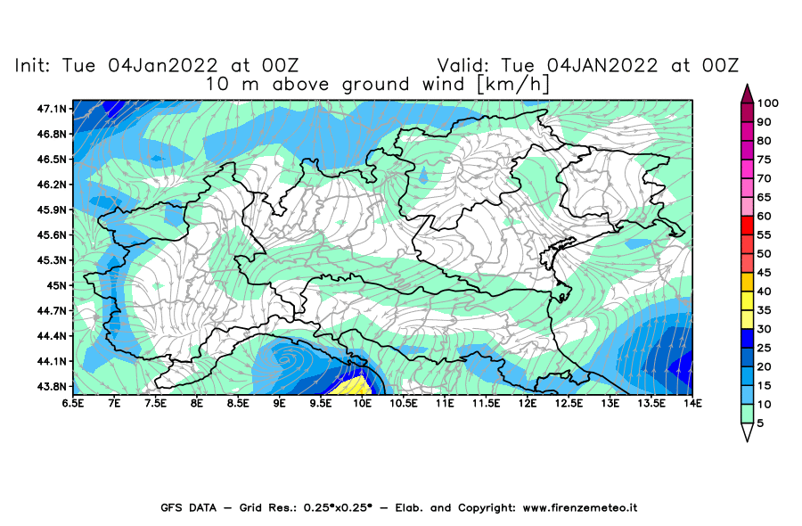 Mappa di analisi GFS - Velocità del vento a 10 metri dal suolo [km/h] in Nord-Italia
							del 04/01/2022 00 <!--googleoff: index-->UTC<!--googleon: index-->