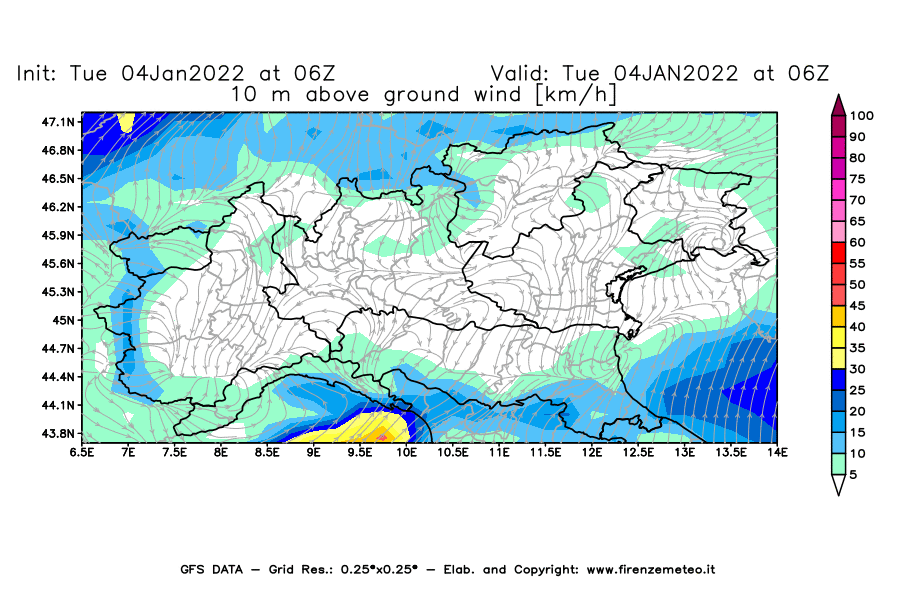 Mappa di analisi GFS - Velocità del vento a 10 metri dal suolo [km/h] in Nord-Italia
							del 04/01/2022 06 <!--googleoff: index-->UTC<!--googleon: index-->