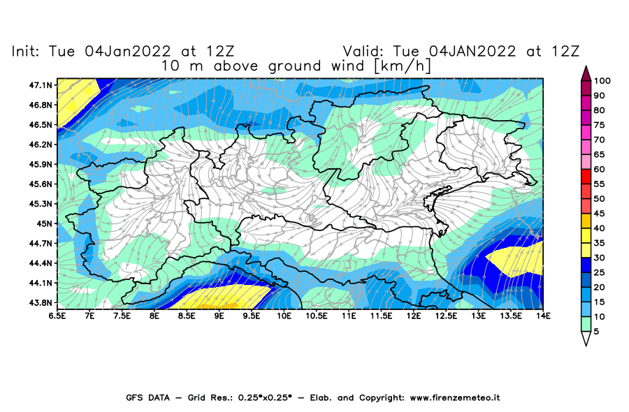 Mappa di analisi GFS - Velocità del vento a 10 metri dal suolo [km/h] in Nord-Italia
							del 04/01/2022 12 <!--googleoff: index-->UTC<!--googleon: index-->