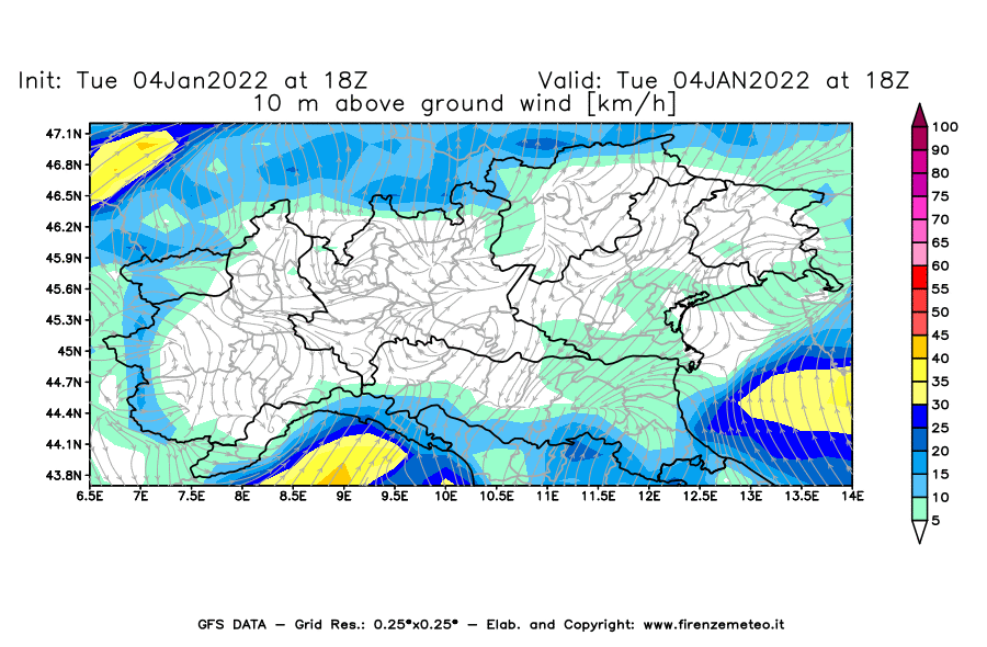 Mappa di analisi GFS - Velocità del vento a 10 metri dal suolo [km/h] in Nord-Italia
							del 04/01/2022 18 <!--googleoff: index-->UTC<!--googleon: index-->