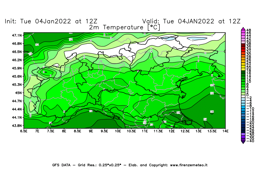 Mappa di analisi GFS - Temperatura a 2 metri dal suolo [°C] in Nord-Italia
							del 04/01/2022 12 <!--googleoff: index-->UTC<!--googleon: index-->