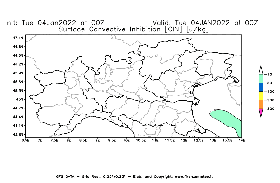 Mappa di analisi GFS - CIN [J/kg] in Nord-Italia
							del 04/01/2022 00 <!--googleoff: index-->UTC<!--googleon: index-->