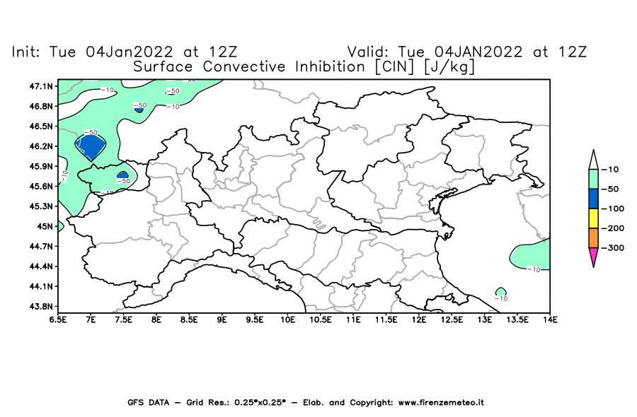 Mappa di analisi GFS - CIN [J/kg] in Nord-Italia
							del 04/01/2022 12 <!--googleoff: index-->UTC<!--googleon: index-->