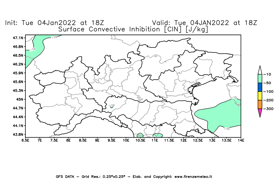 Mappa di analisi GFS - CIN [J/kg] in Nord-Italia
							del 04/01/2022 18 <!--googleoff: index-->UTC<!--googleon: index-->