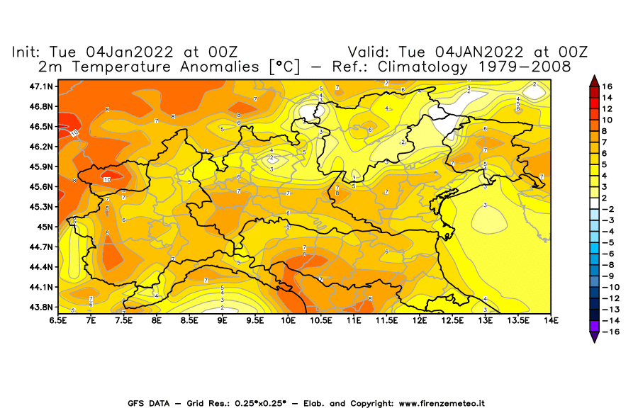 Mappa di analisi GFS - Anomalia Temperatura [°C] a 2 m in Nord-Italia
							del 04/01/2022 00 <!--googleoff: index-->UTC<!--googleon: index-->