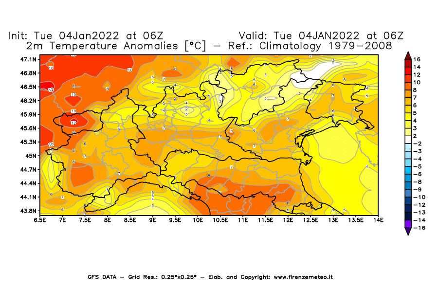 Mappa di analisi GFS - Anomalia Temperatura [°C] a 2 m in Nord-Italia
							del 04/01/2022 06 <!--googleoff: index-->UTC<!--googleon: index-->